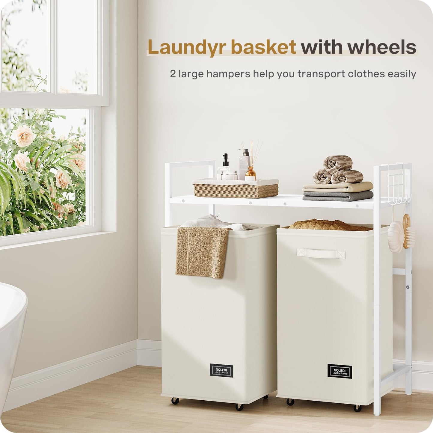 SOLEDI Double Laundry Hamper with Shelf, Rolling Laundry Basket with Wheels, Metal Frame Laundry Sorter Organizer, 120L Large Clothes Hamper for Laundry Room Bathroom Beige