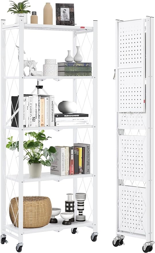 DEANIC 5-Shelf Folding Bookcase with Wheels, Heavy Duty Storage Shelves, Freestanding Metal Wire Shelving Unit for Living Room, Office, Kitchen, Basement, Pantry (White)