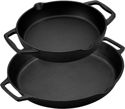 2 Pcs Cast Iron Skillets Set 12 Inch, 14 Inch Cast Iron Pan Pre Seasoned Wok Black Grilling Wok with Dual Handles and Double Pouring Spout