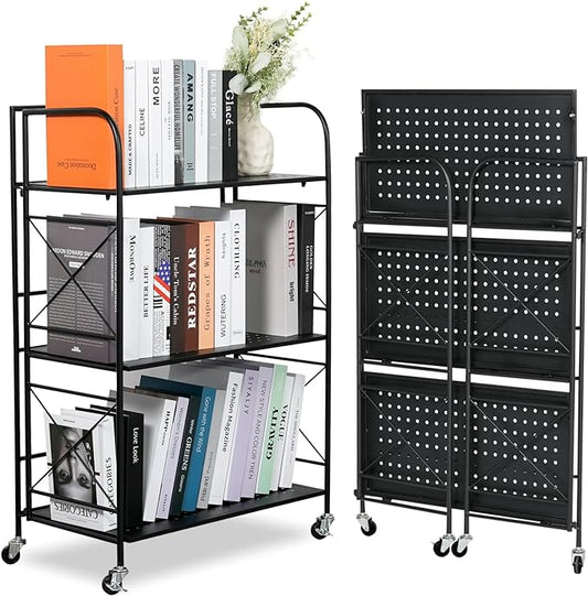 Folding Shelf 3 Tier,Folding Bookshelf,Foldable Shelf,Metal Folding Storage Shelves with Wheels,Folding Shelf Unit for Living Room,Kitchen,Study, 12.6" D x 23.6" W x 33.8" H, Matte Black