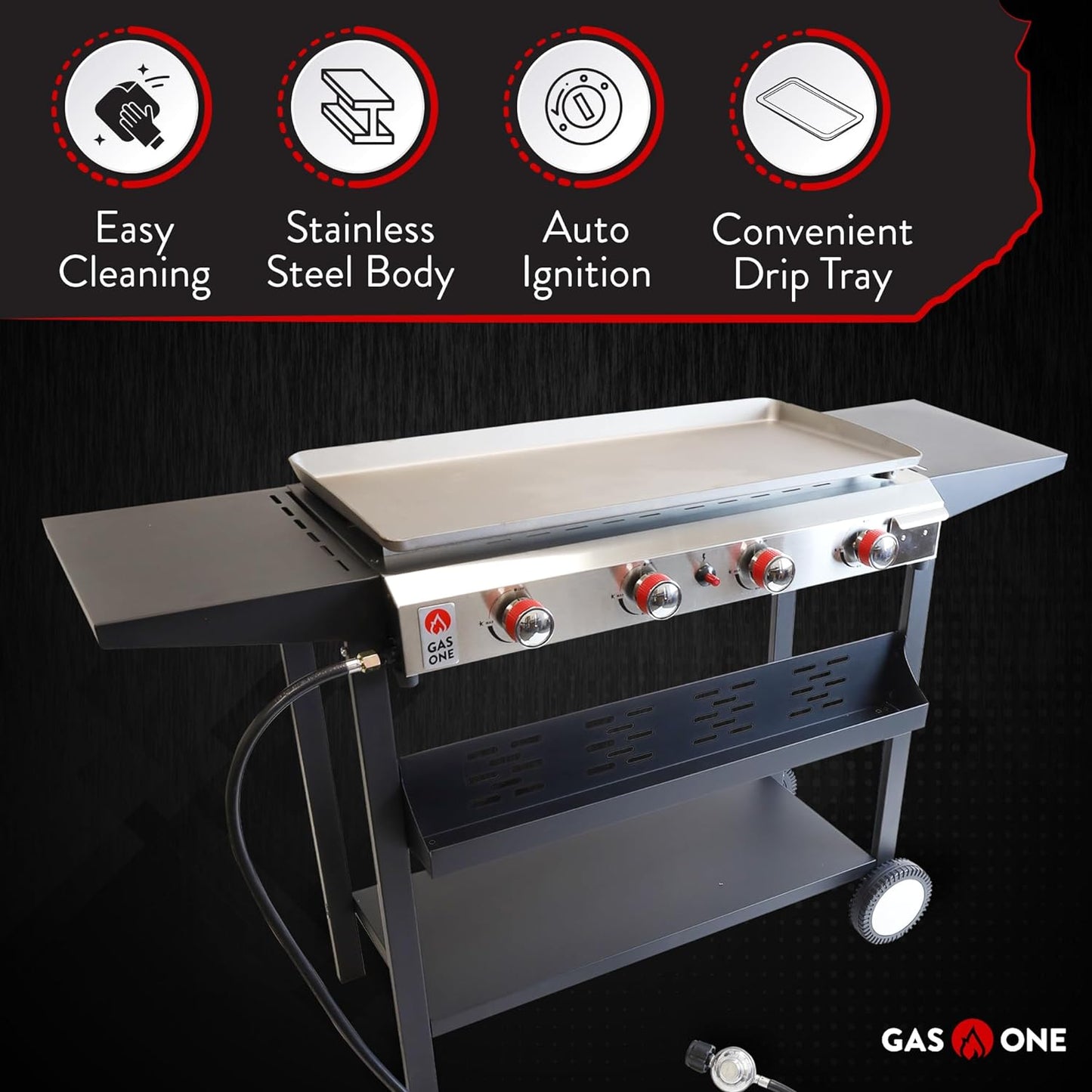 Gas One Flat Top Grill with 4 Burners – Premium Propane Grill with Outdoor Grill Cart – Stainless Steel Auto Ignition Camping Grill Outdoor Griddle – Easy Cleaning Grills Outdoor Cooking Propane