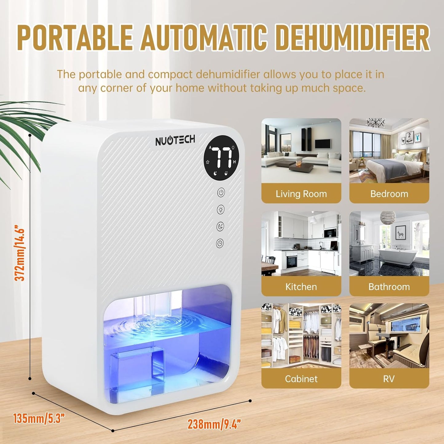 Dehumidifier for Home damp 129 OZ Water Tank (1290 sq.ft)Electric Portable Mini Dehumidifiers for Bedroom Wardrobe Bathroom Closet RV Garage-White with Ultra Quiet & Auto Shut off 7 Colors LED