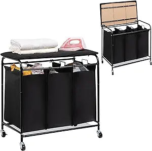 HollyHOME 3-Section Laundry Sorter with Foldable Ironing Board, Heavy-Duty Rolling Laundry Cart with Removable Bags, Triple Laundry Hamper with Wheels, Black