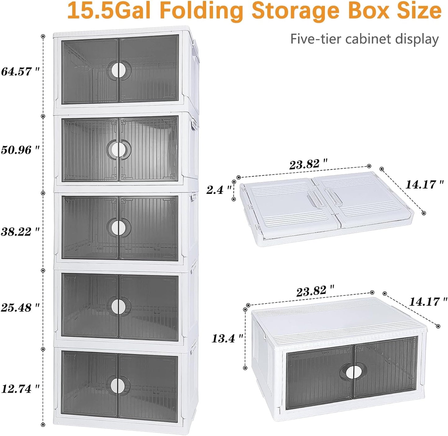 62qt Large Collapsible Storage Bins 5-tier with Lids - Space-Saving Closet Organizers, Storage Container Foldable Bathroom Organizer, Plastic Storage Box with Door and Wheels.