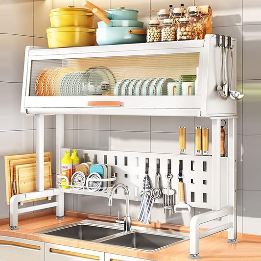 Over The Sink Dish Drying Rack - Space-Saving Kitchen Sink Rack with Shelf and Drainer Perfect for Above Sink and Over The Counter Dish Rack with Cover(White)