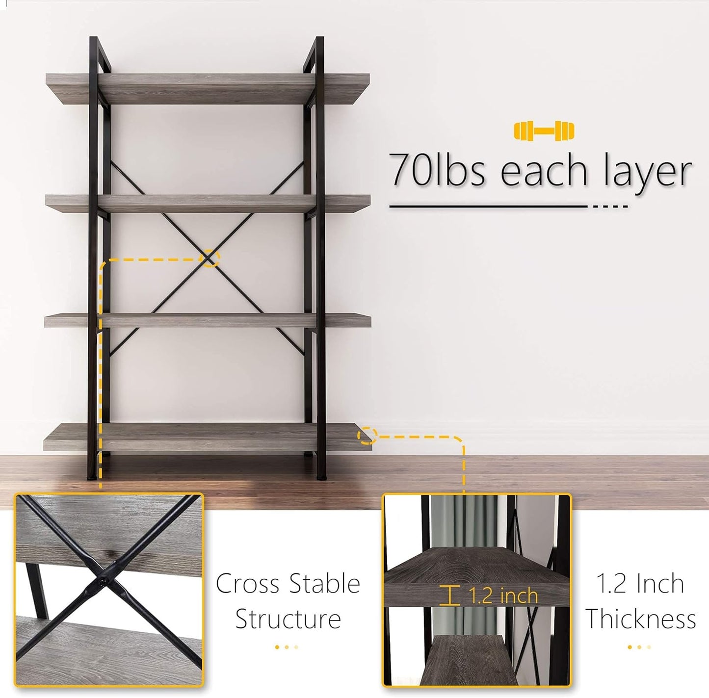 45MinST 4-Tier Vintage Industrial Style Bookcase/Metal and Wood Bookshelf Furniture for Collection, Gray Oak, 3/4/5 Tier (4-Tier)