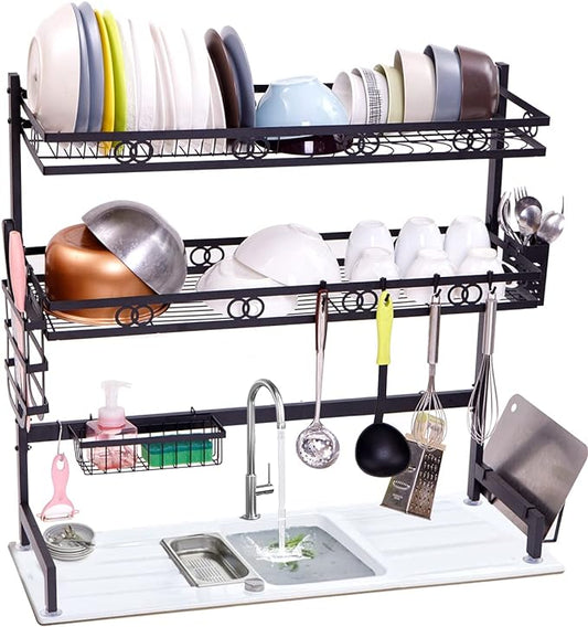 Over Sink Dish Drying Rack - Adjustable 3 Tier Black Dish Shelf with Large Utensil Holder, Extra Cutting Board Holder, Tableware Counter for Kitchen Organizer Storage Home Space Saver