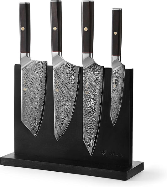 Wakoli Culinary Asia I Kitchen Knife Set with Magnetic Knife Block & 4 Damascus Knives I Chef Knives Blades from 5.5 to 8.2 inches Crafted from Damascus Steel with Oak Wood Handles I Gift Box