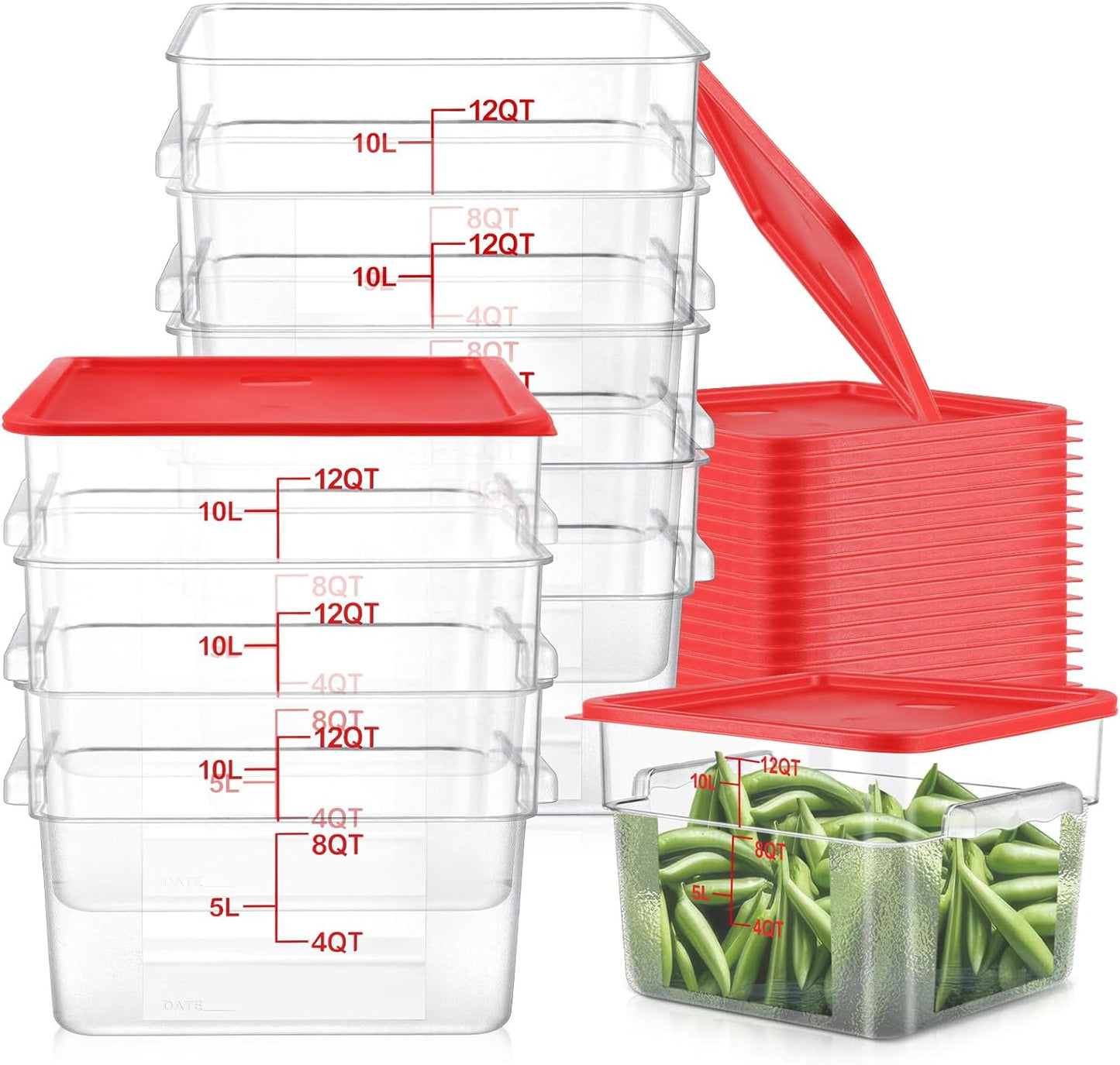 8 Pack Polycarbonate Square Food Storage Container with Red Lids 12 Qt Food Storage Containers Commercial Airtight Clear Bucket Brining Food Container