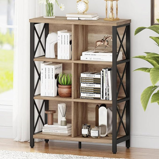 FATORRI Rustic 6 Cube Storage Organizer Shelf, Wood and Metal Cubby Bookcase, Industrial 4 Tier Cube Bookshelf (Rustic Oak)