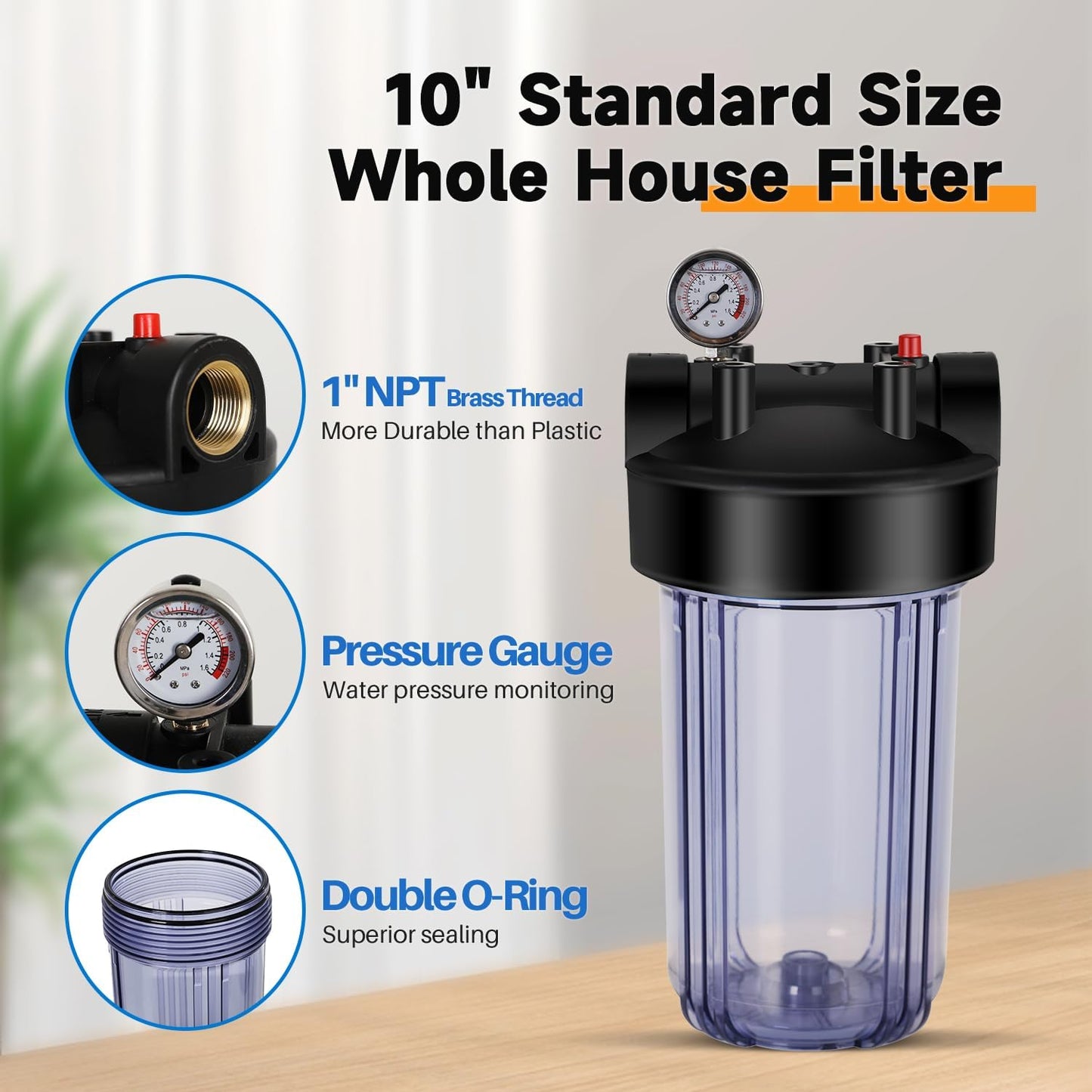 PUREPLUS Whole House Water Filter Housing, 10"x4.5" Universal Housing, Pre-Filtration System, 1" NPT