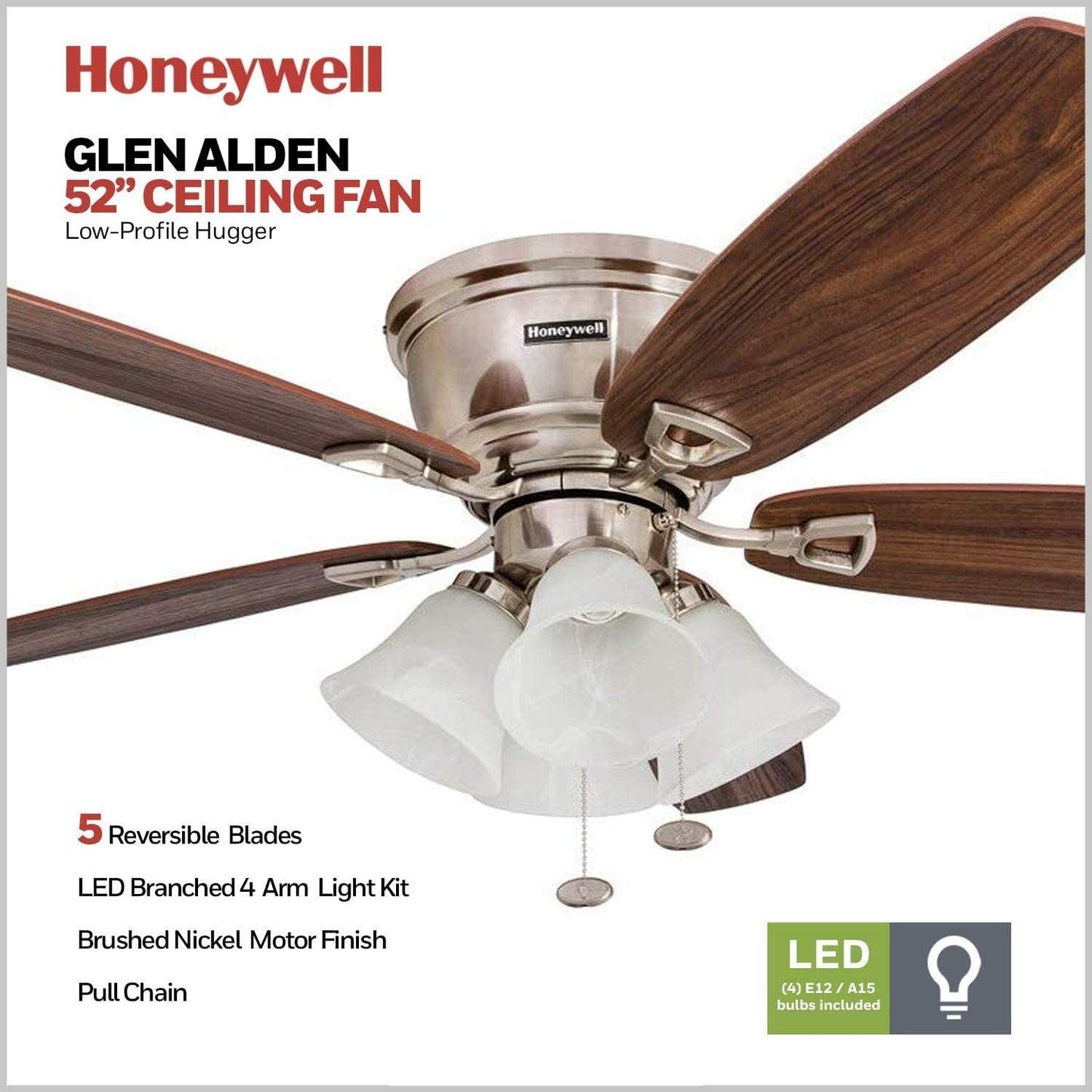 Honeywell Ceiling Fans Glen Alden, 52 Inch Classic Flush Mount Indoor LED Ceiling Fan with Light, Pull Chain, Quick-2-Hang Dual Finish Blades, Reversible Motor - 50182 (Brushed Nickel)