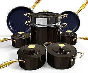 Nuwave Lux LE 13-Pc Cookware Set with Elegant Gold Handle, Diamond Infused Ceramic Non-Stick, PFAS Free, Premium Metal Lids, Ergonomic Stay-Cool Handles, Induction Ready & Compatible w/All Cooktops