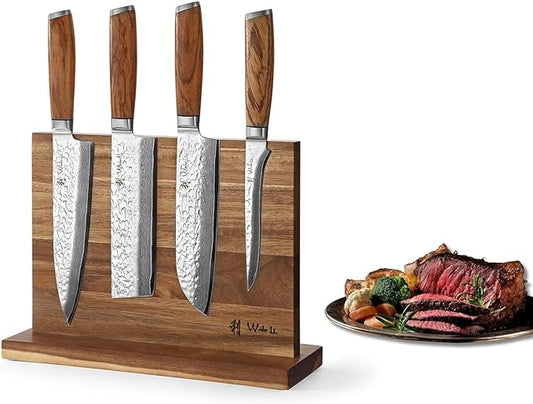 Wakoli Chef's Choice Professional 5-Piece Damascus Knife Set with Block - Premium VG10 Steel Chef Knives with Zebrawood Handles, Kitchen Knife Set for All Tasks with Magnetic Knife Holder