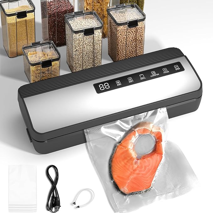 Vacuum Sealer - 130W Ultra High Power Vacuum Sealer for Food; Built-in Cutter | Upgraded Multi-Function 6 in 1 Fully Automatic Food Vacuum Sealer Machine for Dry, Moist, Powdery and Oily Foods.