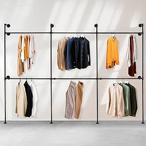 Industrial Pipe Clothing Rack Metal, Minimalist Retro Walk-in Closet System, Heavy Duty Wall Mounted Industrial Pipe Closet Organizer for Hanging Clothes ( 2 Tier, 88.58"H x 118.11”W x 9.84"D)