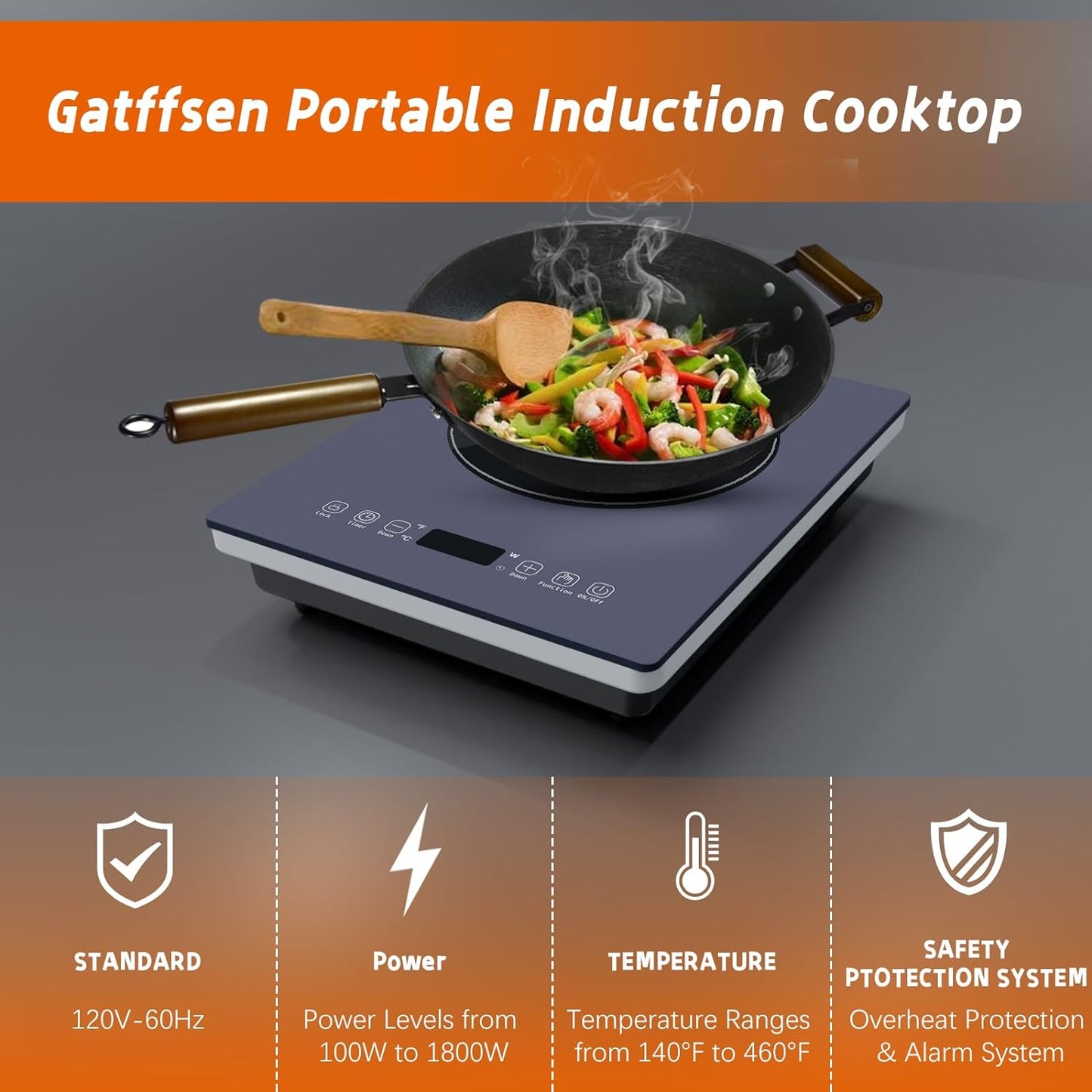 Portable Electric Induction Cooktop, 1800W Electric Hot Plate for Cooking, Single Electric Induction Stove with Sensor Touch Control, Infrared Burner with 3H Timer and Safety Lock- Black