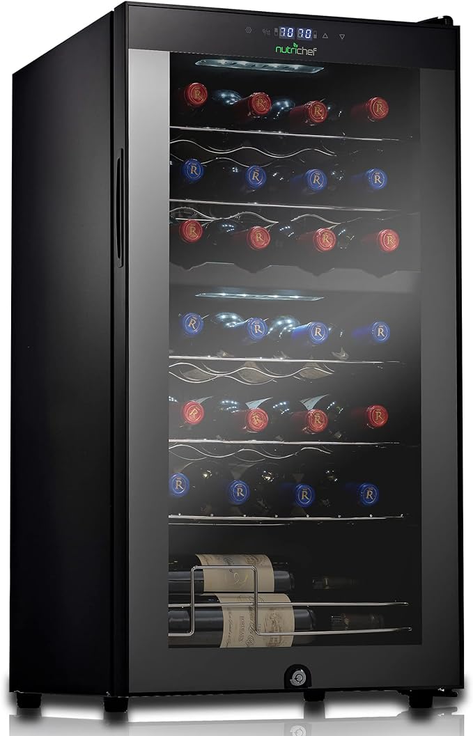 NutriChef PKCWCDS285 Compressor Cooler Refrigerator Cooling System | Large Freestanding Wine Cellar Fridge For Red White Champagne or Sparkling, Glass Door, 28 Bottle Dual Zone-Black