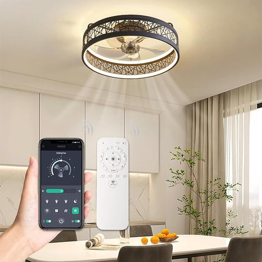 Caged Ceiling Fan with Light, Low Profile Ceiling Fans with Lights and Remote 3000-6000K Dimmable, 20 inch Ceiling Fans with Lights Bladeless Ceiling Fans with Lights Flush Mount for Bedroom-6 Speeds