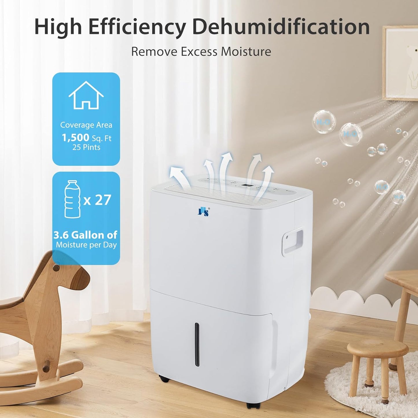 JHS 25 Pints Dehumidifier for Spaces up to 1,500 sq. ft at Home with Drain Hose, Reusable Air Filter, and 1.05 Gal Water Bucket, Perfect for Bedrooms Bathrooms Basements