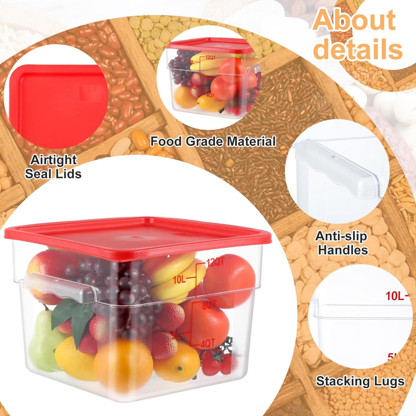 8 Pack Polycarbonate Square Food Storage Container with Red Lids 12 Qt Food Storage Containers Commercial Airtight Clear Bucket Brining Food Container