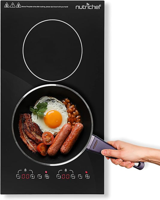 NutriChef Dual Induction Cooktop - Double Burner, Digital Display, Ceramic Glass, 9 Power Levels, 99 Min Timer, Safety Lock, Auto Shut Off, High-Powered Heating, Compact, 1800W, 20 x 11 x 3 IN