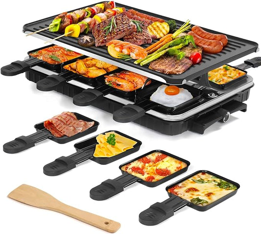 Raclette Table Grill Electric Griddle Indoor Grill Korean BBQ Grill 2 in 1 Electric Griddle Nonstick with 8 Raclette Cheese Pans Adjustable Temperature Control 1300W Ideal for Family and Party Fun