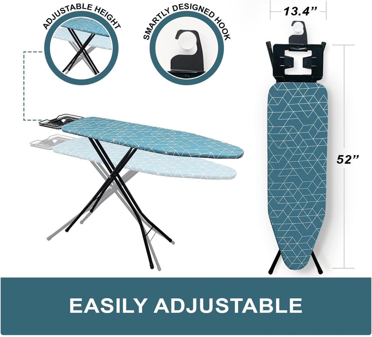 Auzin Ironing Board with Smart Hanger, Height Adjustable, Space Saving Iron Board with 4 Layers Pad, Ironing Board Cover, Premium Steel Legs & Easy Storage for Compact Living Spaces