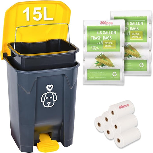 Outdoors Dog Poop Trash Can with Lid & 290PCS Biodegradable Waste Bags, Cute Dog Waste Trash Can for Yard, Home, Garden, Kitchen, 15 Litre Removable Inner Bin, Plastic Gray & Yellow