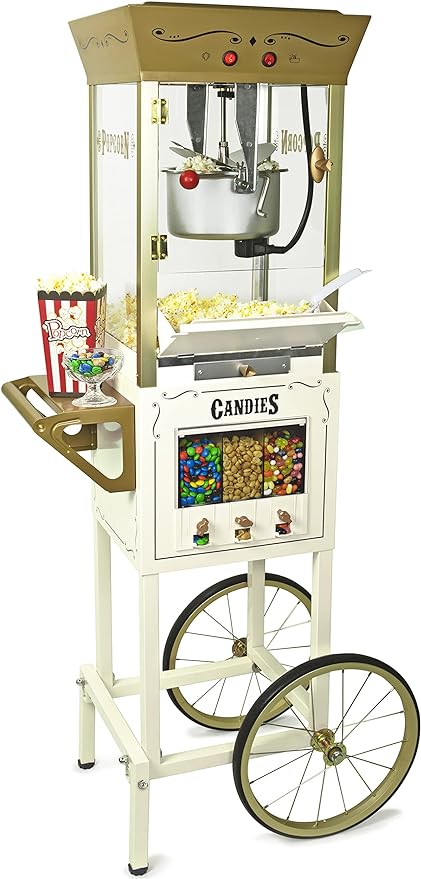 Nostalgia Popcorn Maker Professional Cart, 8 Oz Kettle Makes Up to 32 Cups, Vintage Movie Theater Popcorn Machine with Three Candy Dispensers and Interior Light, Measuring Spoons and Scoop, Ivory