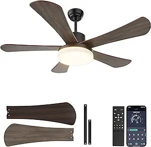 52 Inch Ceiling Fans with Lights and Remote/APP Control, Bright Led Ceiling Fan, 3 Color Temperatures Dimmable, 2 Downrods, 6 Speeds, 5 Blades, Quiet Reversible Black Ceiling Fans for Home