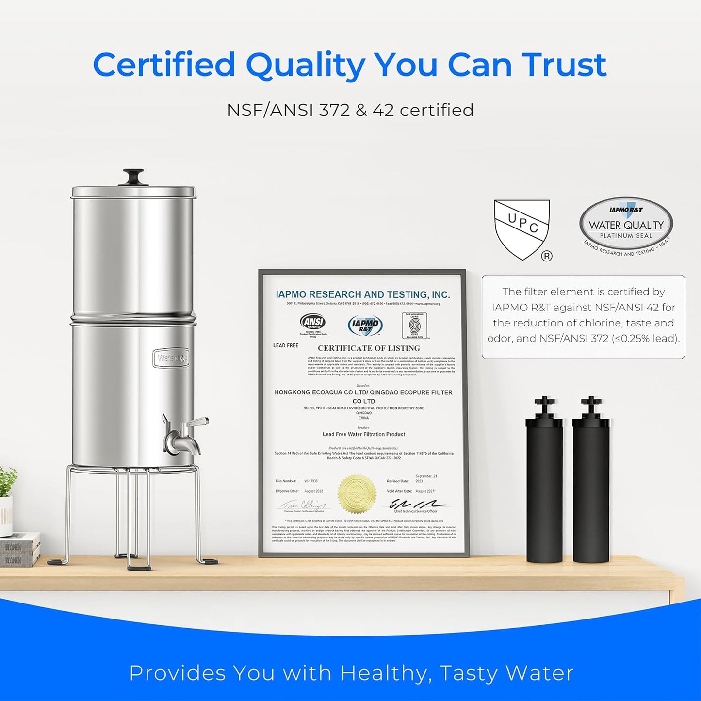 Waterdrop Upgrade Gravity-fed Water Filter System, with 𝐒𝐢𝐥𝐯𝐞𝐫 𝐈𝐨𝐧𝐬 Enhanced Filtration, Reduces Fluoride and up to 99% of Chlorine, with 4 Filters and Metal Spigot, 2.25G