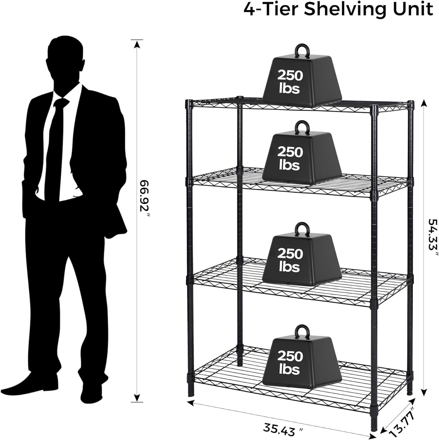 4-Shelf Storage Shelving Unit,Heavy-Duty Storage Rack with 250Lbs Loading Capacity per Shelf,Standing Metal Storage Shelves for Laundry Kitchen Garage,13.77 "D x 35.43 "W x 54.33 "H