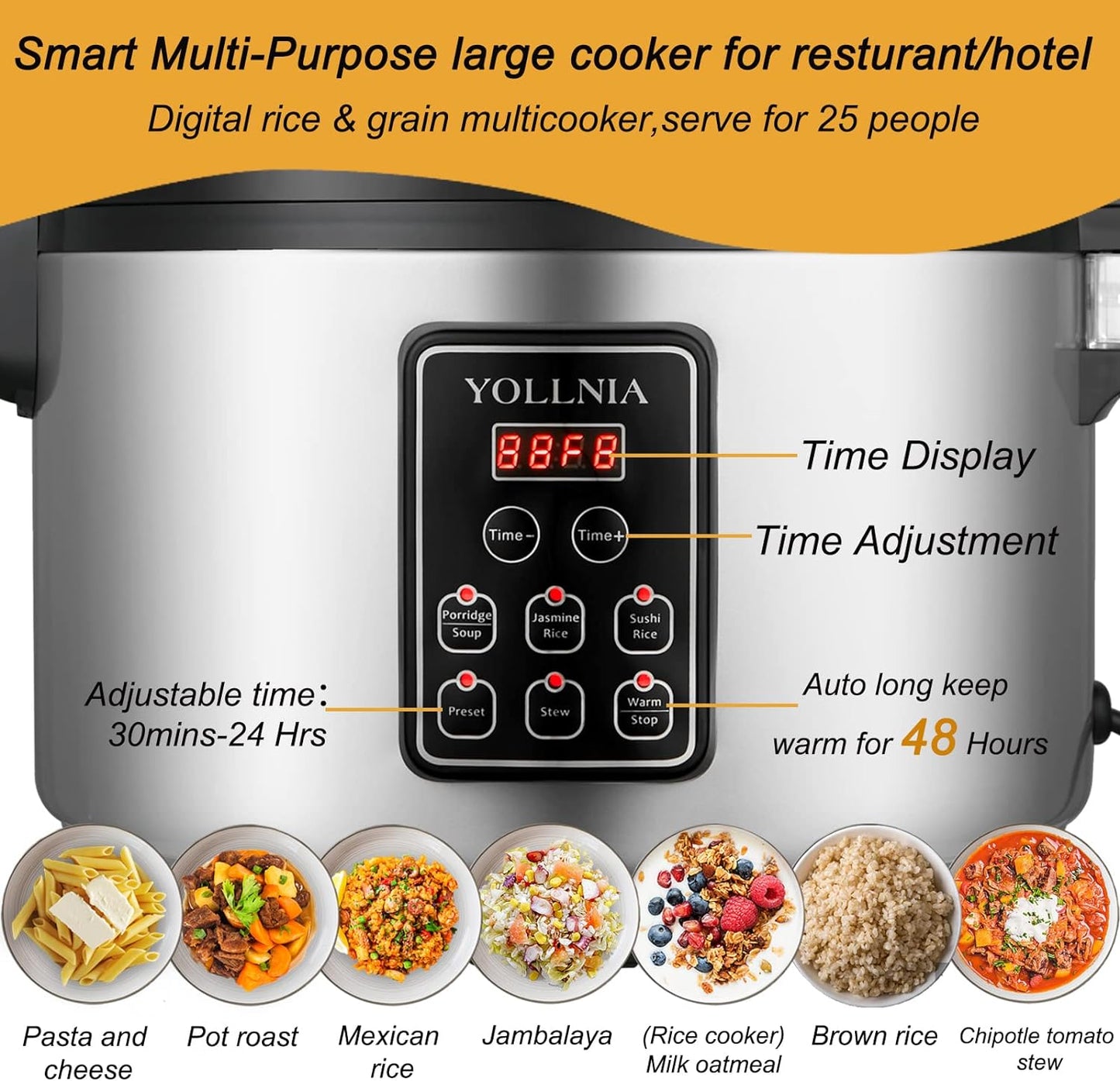 Commercial Large Rice Cooker & food warmer | 13.8QT/65 Cups cooked rice | 1350W Multi-function electric sushi rice cooker | LED Display | Timer Setting | Smart preset from 30 min-24 Hrs