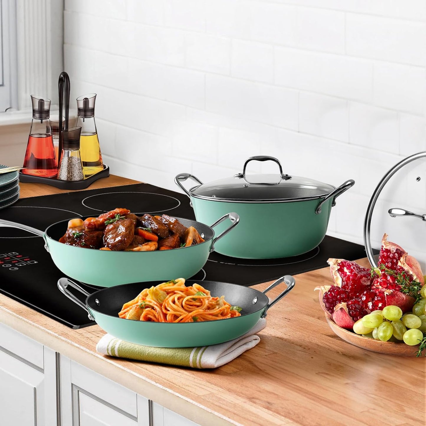 Enameled Cast Iron Cookware Set - 8 Piece Set of 6.5QT Dutch Oven & 5.4QT Saucepan & 12 inch Skillet & 2 Spatulas & Spoon, Ceramic Nonstick Coated, Gas/Induction Compatible, PFA Free