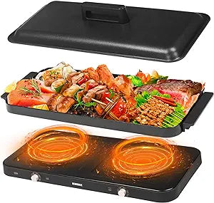 Portable Double Electric Burner with Removable Cast Aluminium Griddle Pan Non-stick,1800 W Hot Plate for Cooking, Independent Temperature Control for Family Party