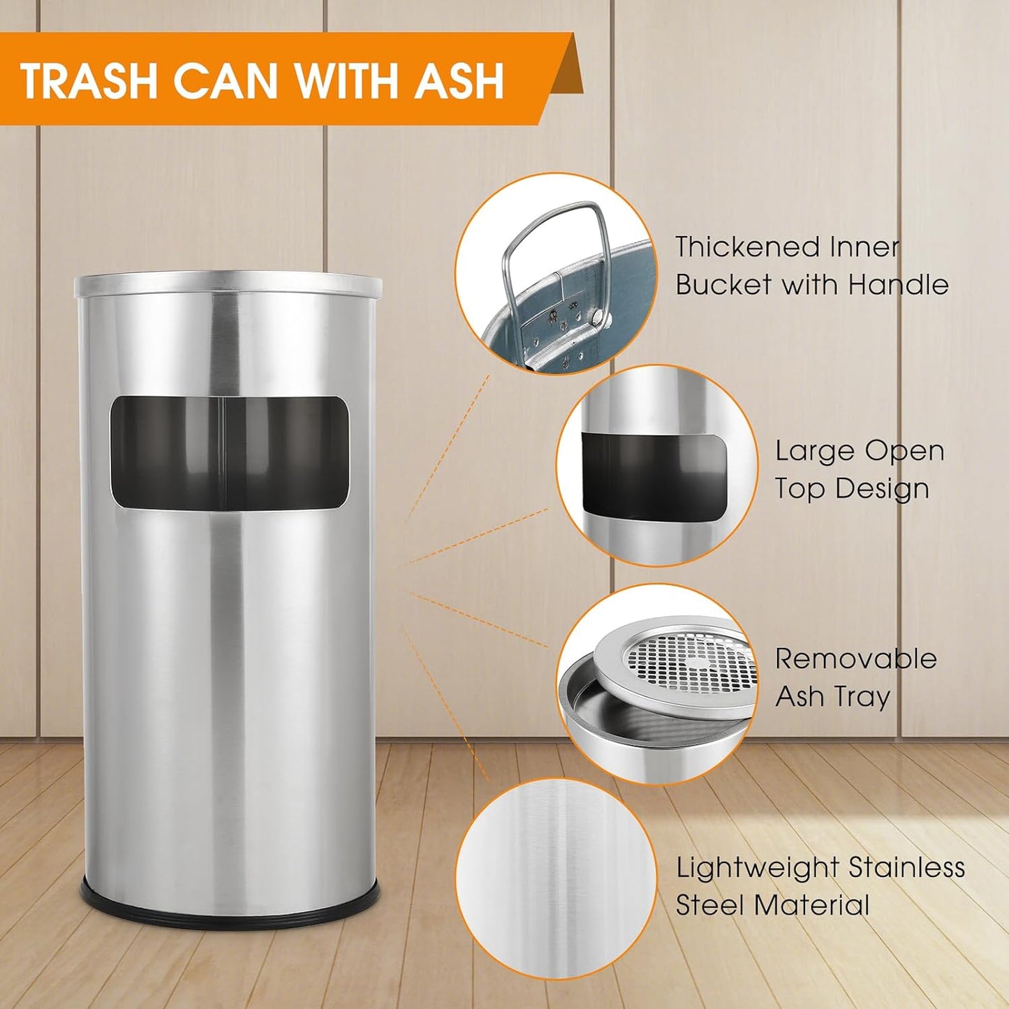 Outdoor Trash Can with Lid Round, Stainless Steel Garbage Can Waste Bin with Removable Inner Barrel Dome for Indoor,Home,Office,Restaurant,Patio,Garden,Kitchen(Sliver)