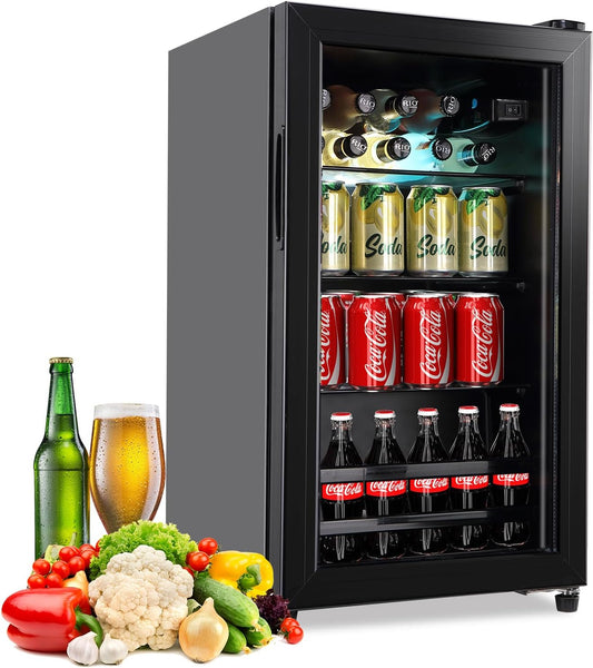 Beverage Refrigerator Cooler 120 Can Freestanding Beverage Cooler with Glass Door, Adjustable Shelves for Beer Soda or Wine for Home Office or Bar