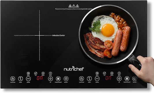 NutriChef Double Induction Cooktop - Portable 120V Portable Digital Ceramic Dual Burner w/Kids Safety Lock - Works with Flat Cast Iron Pan,1800 Watt, Touch Sensor Control, 12 Controls -PKSTIND49