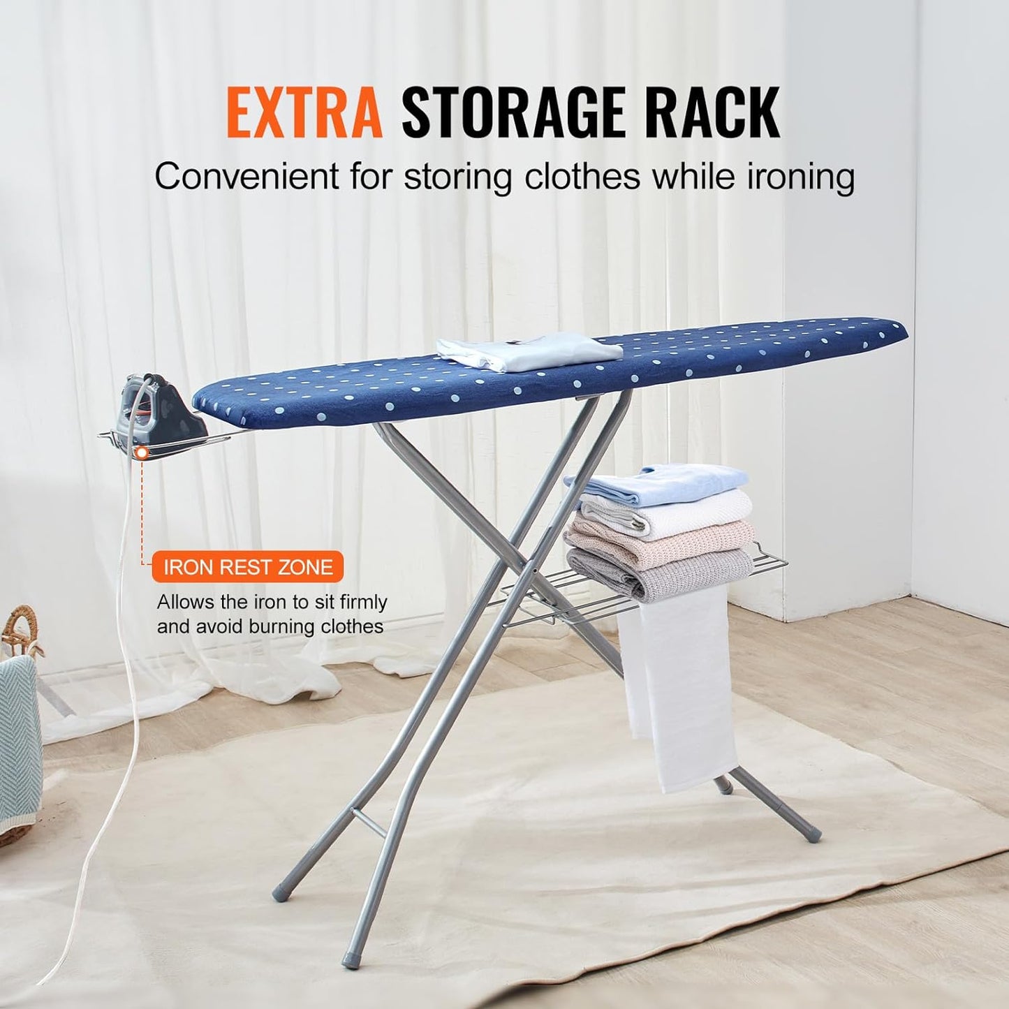 VEVOR Ironing Board with Bottom Storage Tray, Thickened 4 Layers Iron Board with Heat Resistant Cover and 100% Cotton Cover, 10 Adjustable Heights Ironing Board for Home Laundry Room Use (Size 55x15)