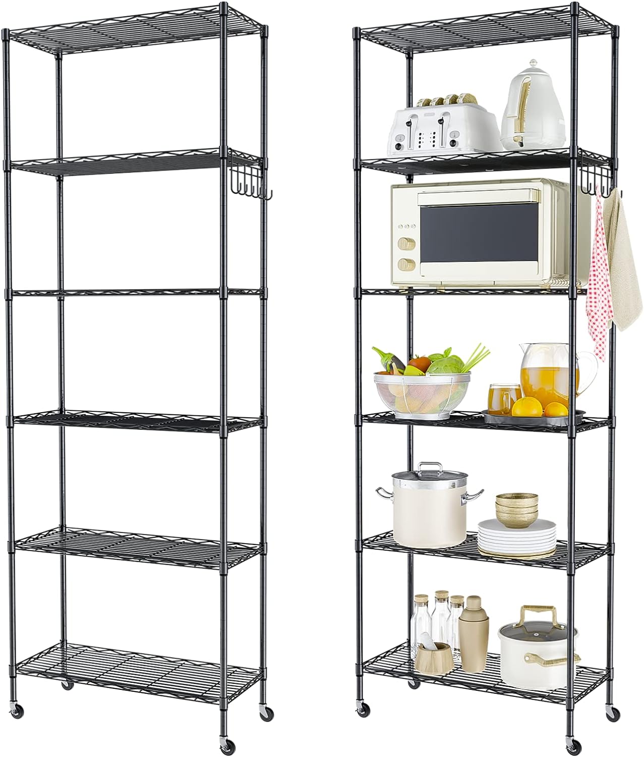 Homdox 2-Pack 6-Tier Storage Shelf Wire Shelving Unit Free Standing Rack Organization with Caster Wheels, Stainless Side Hooks, Black