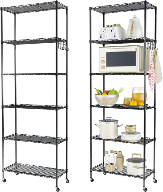 Homdox 2-Pack 6-Tier Storage Shelf Wire Shelving Unit Free Standing Rack Organization with Caster Wheels, Stainless Side Hooks, Black