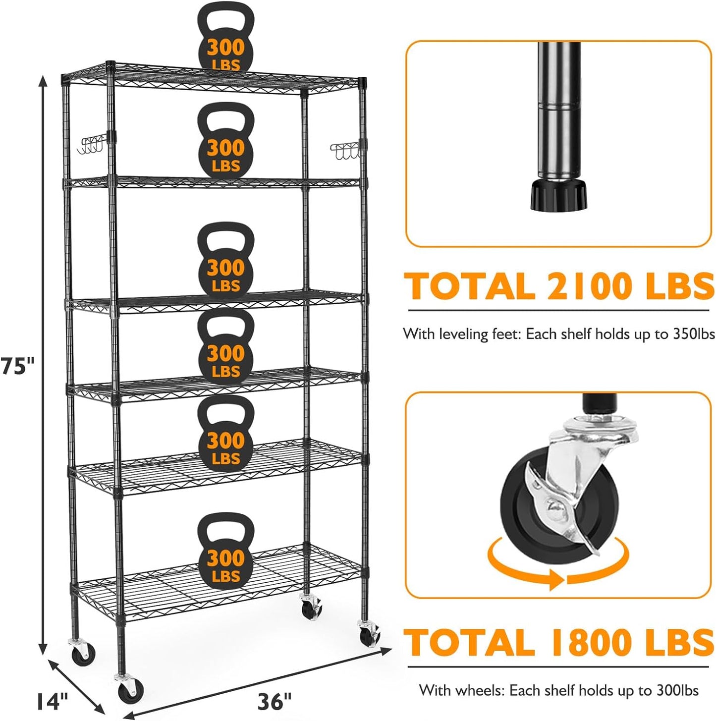 6 Tier Storage Shelves with Wheels, 2100lbs Capacity Heavy Duty Shelving Units, 14x36x75inch Adjustable Metal Shelf Wire Shelving Rack for Garage, Kitchen, Office, Black