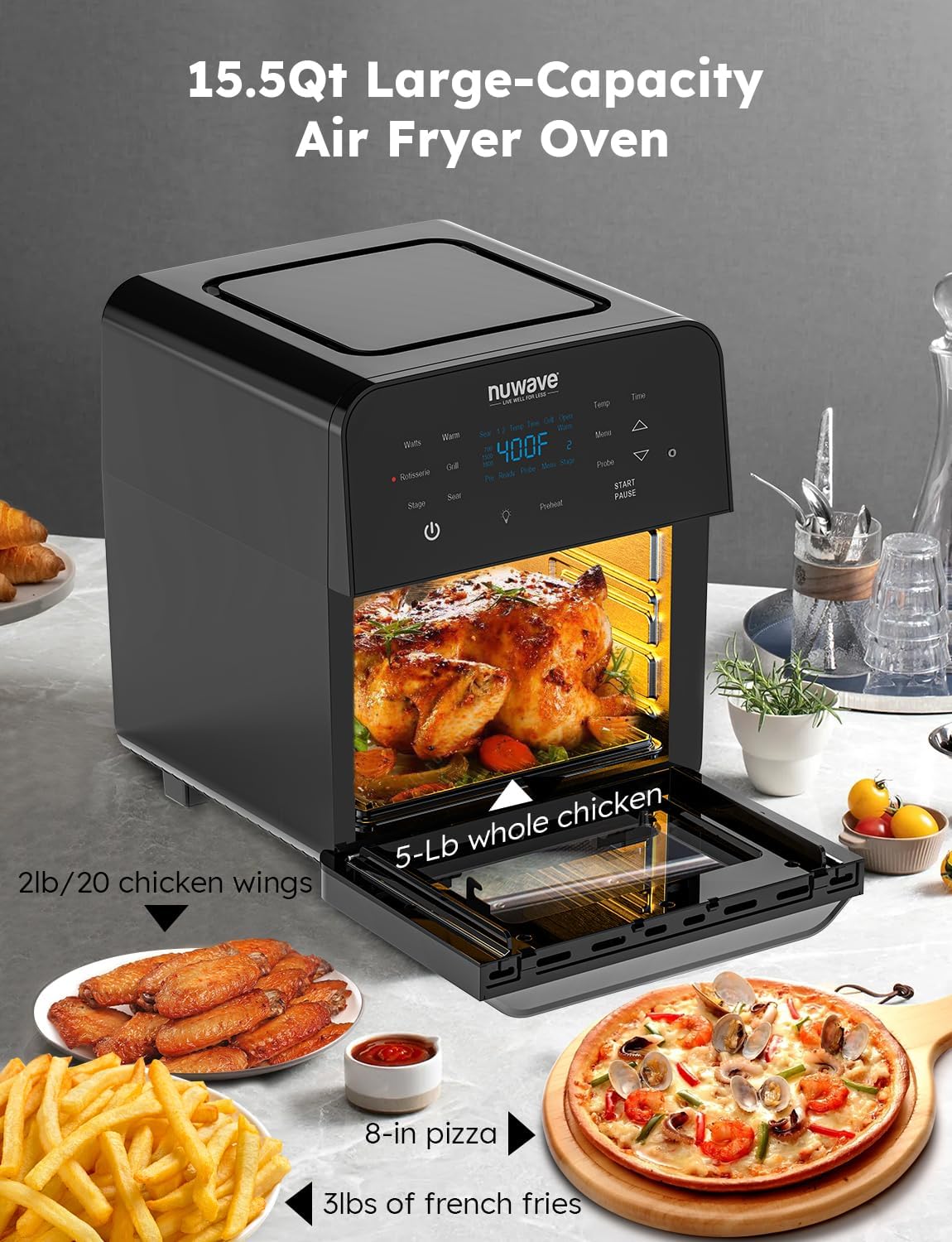 Nuwave Brio Air Fryer Oven, 15.5Qt X-Large Family Size, SS Rotisserie Basket &Skewer-Kit, Reversible Ultra Non-Stick Grill/Griddle Plate, Powerful 1800W, Integrated Smart Thermometer,Black