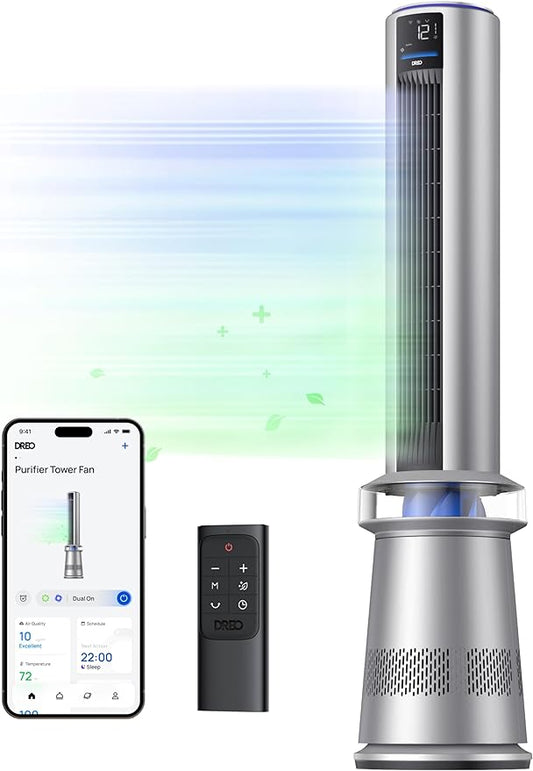 Dreo Air Purifier Tower Fan, 45" 2-in-1 Smart Fan for Bedroom, 27ft/s Velocity, 120°Oscillation, 24H Timer Bladeless Fans for Home, 25dB Low Noise, Standing Fan Works with Alexa, MC710S, Silver Blue