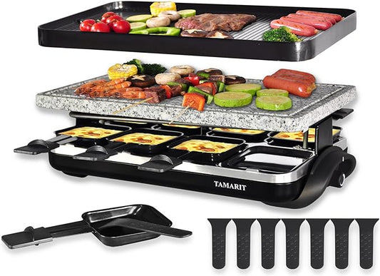 TAMARIT Raclette Table Grill Portable 3 in 1 Korean Barbecue BBQ Grill Electric Indoor Grill with Non-Stick Reversible Grilling Plate & Cooking Stone for Steak 1400W Raclette Grill for 8 Person, Black