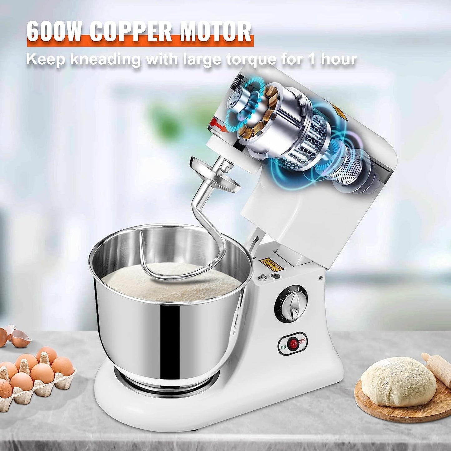 VEVOR All Metal Stand Mixer, 600W Electric Dough Mixer with 11 Speeds, Tilt-Head Food Mixer with 7.4 Qt Stainless Steel Bowl, Dough Hook, Flat Beater, Whisk, Scraper, Splash-Proof Cover - White