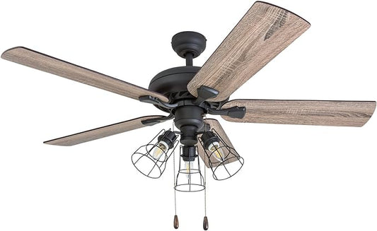 Prominence Home Lincoln Woods, 52 Inch Industrial Style LED Ceiling Fan with Light, Pull Chain, Three Mounting Options, 5 Dual Finish Blades, Reversible Motor - 50581-01 (Bronze)