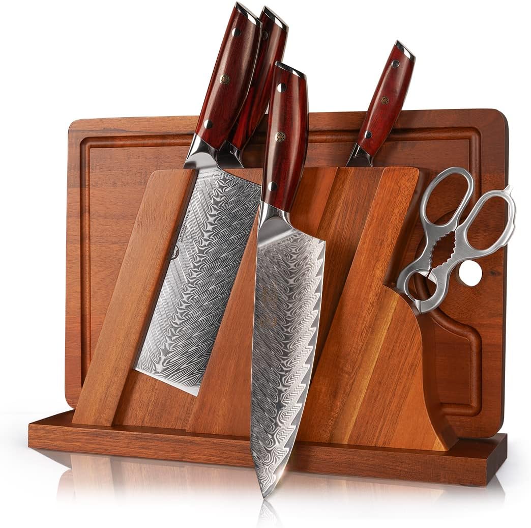 YARENH Kitchen Knife Set with Block, Cutting Board and Scissors, 7 Piece, Damascus High Carbon Stainless Steel, Full Tang African Sandalwood Handle, Professional Chef Knife