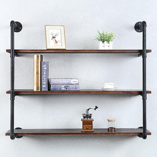 Industrial Pipe Shelving Wall Mounted,42in Rustic Metal Floating Shelves,Steampunk Real Wood Book Shelves,Wall Shelf Unit Bookshelf Hanging Wall Shelves,Farmhouse Kitchen Bar Shelving(4 Tier)